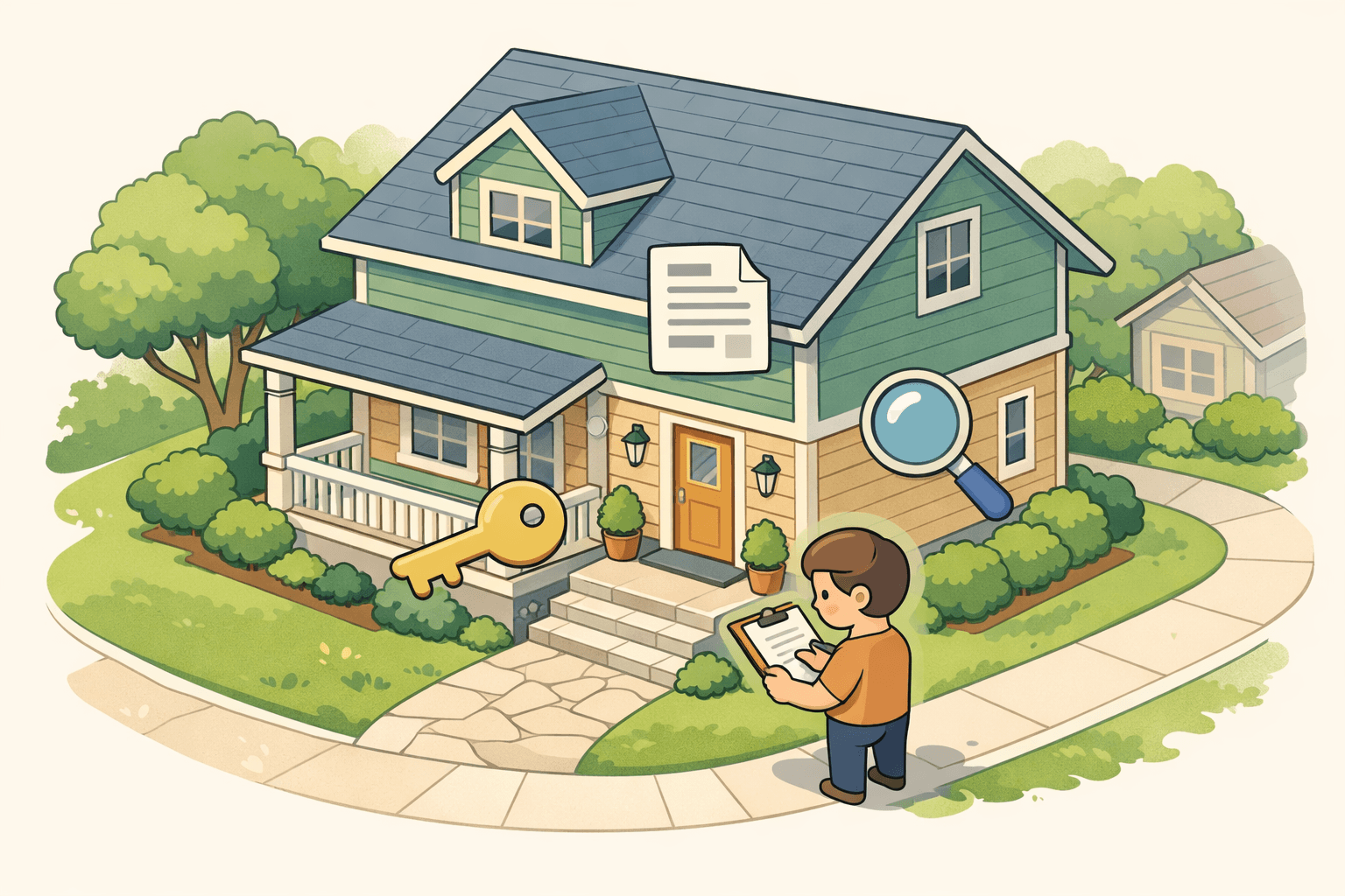 A stylized isometric house with a person reviewing mortgage documents near the front steps in a quiet neighborhood