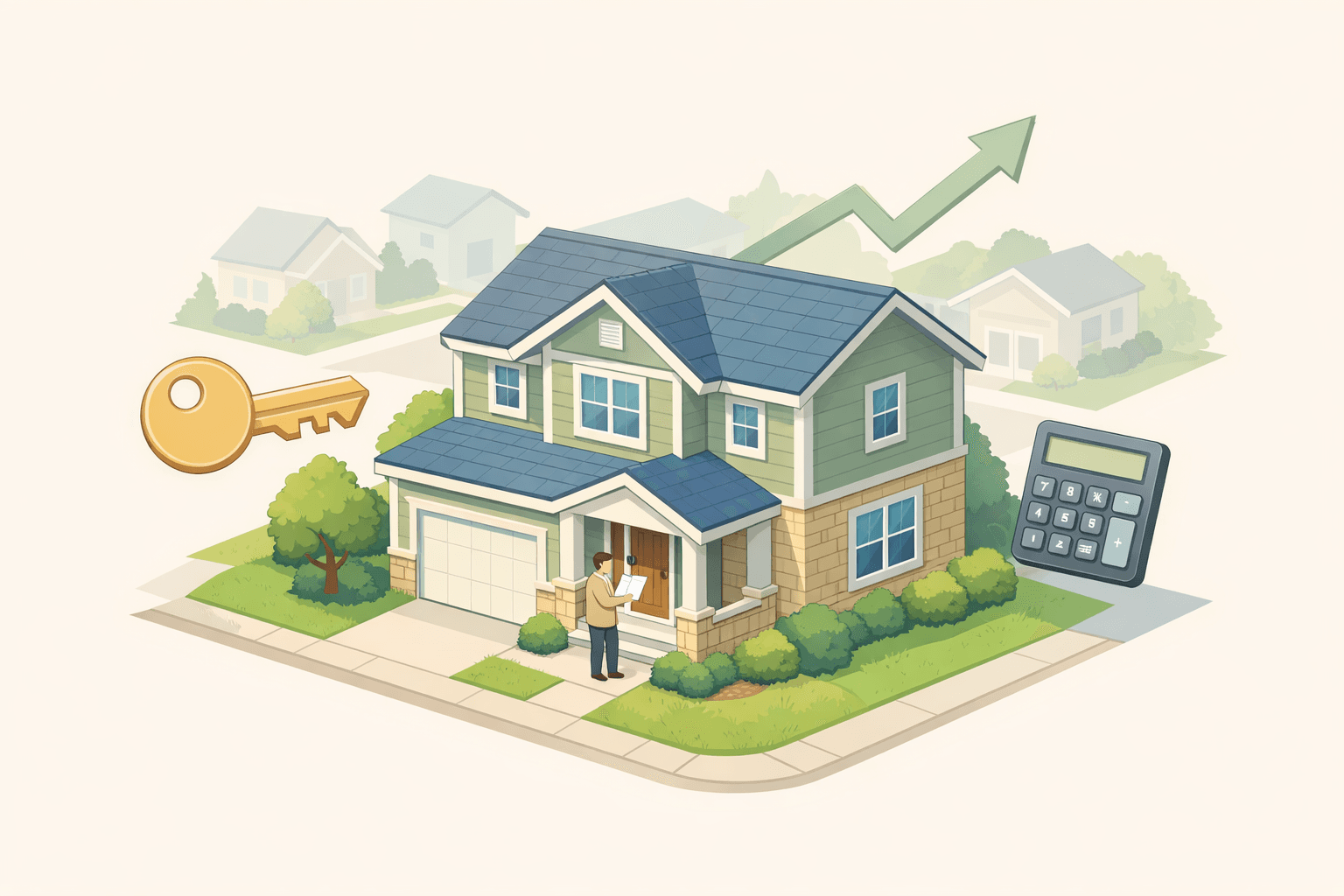A homeowner standing outside a suburban house reviewing loan documents with a key icon nearby