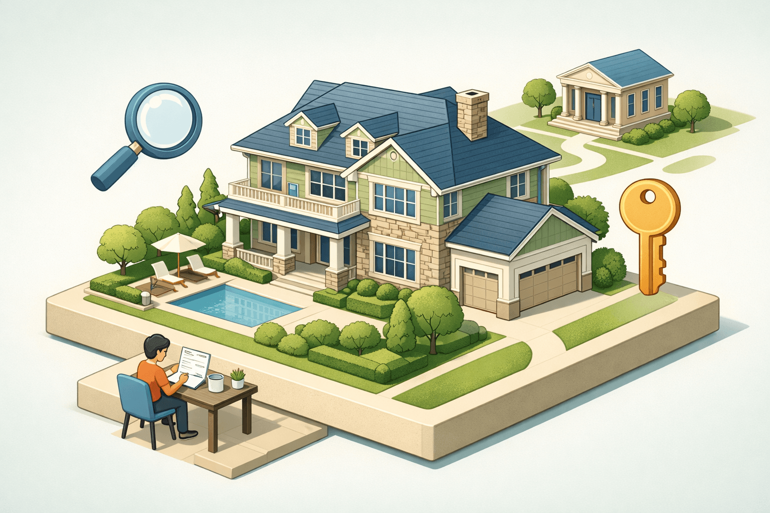 A large upscale home with a person reviewing mortgage documents at a nearby desk, representing jumbo home loan financing.