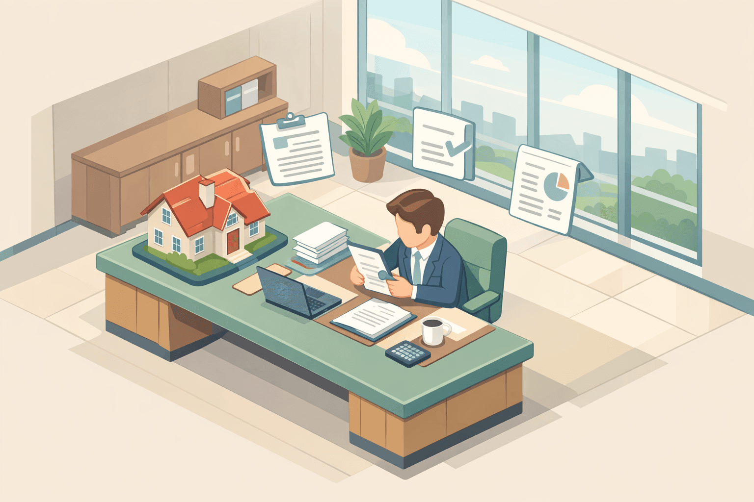 A loan officer sits at a desk reviewing mortgage documents with a small house model and paperwork nearby in a modern office.