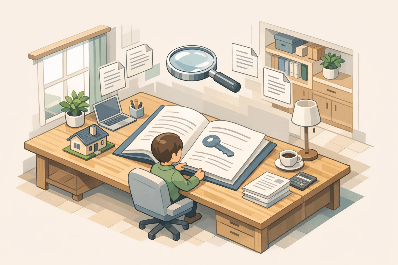 A person reviewing a mortgage note document at a desk inside a modern home office with a house model nearby