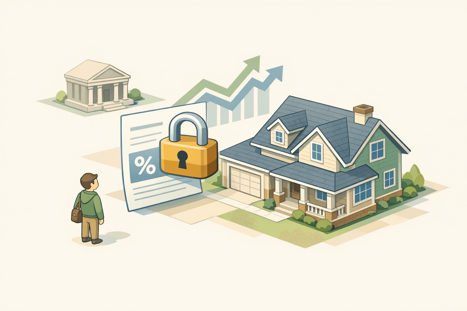 Homebuyer standing near a house with a padlock symbol representing a secured mortgage rate lock