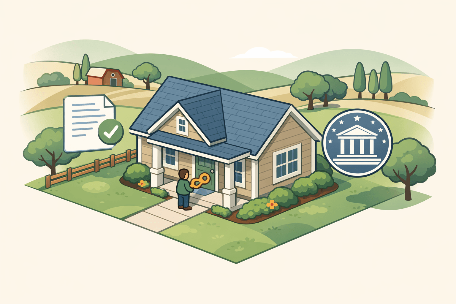 A small suburban home in a rural setting with a person at the door holding a key, representing a USDA home loan approval