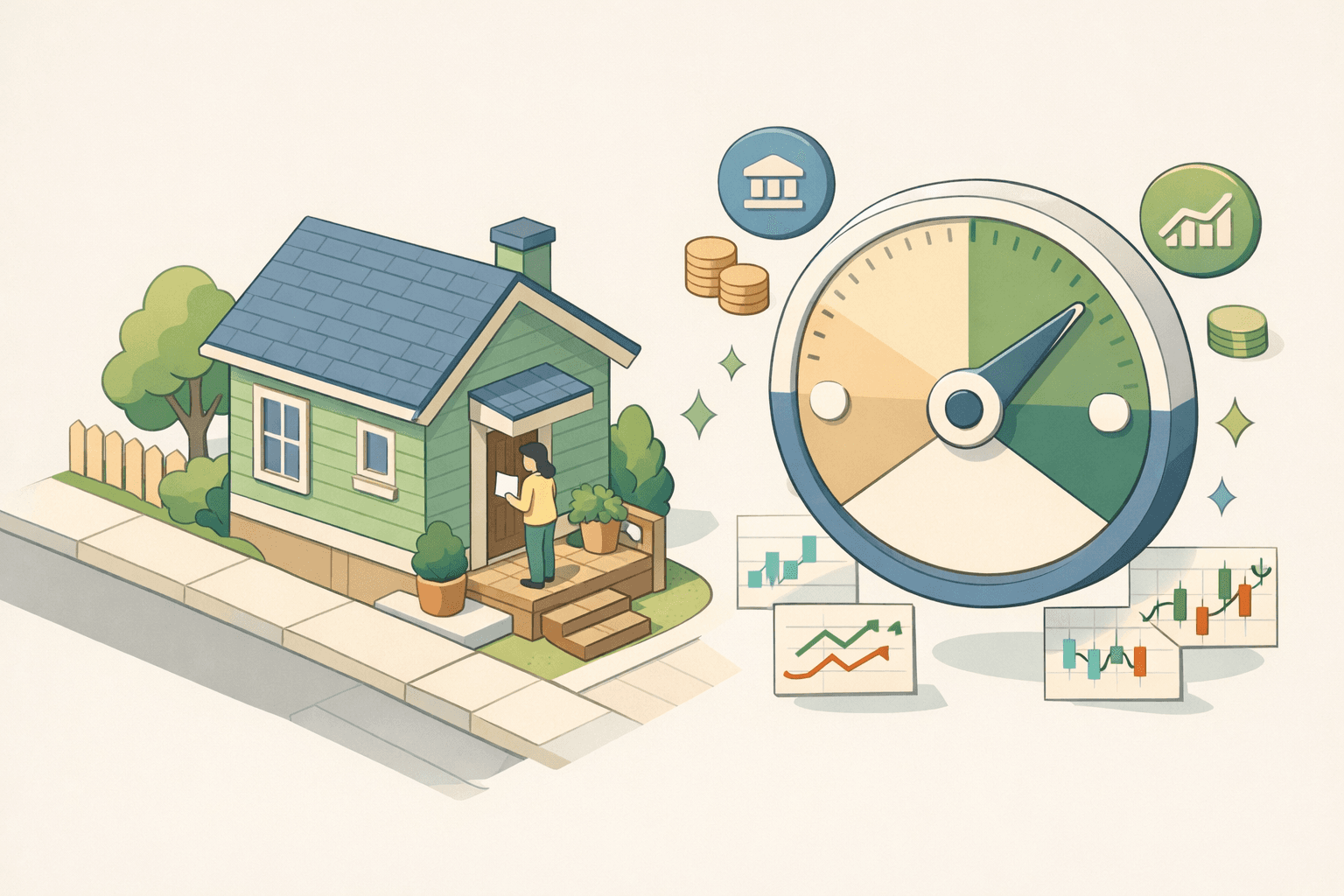 A house with a floating interest rate dial and a small person reviewing mortgage documents outside the front door.