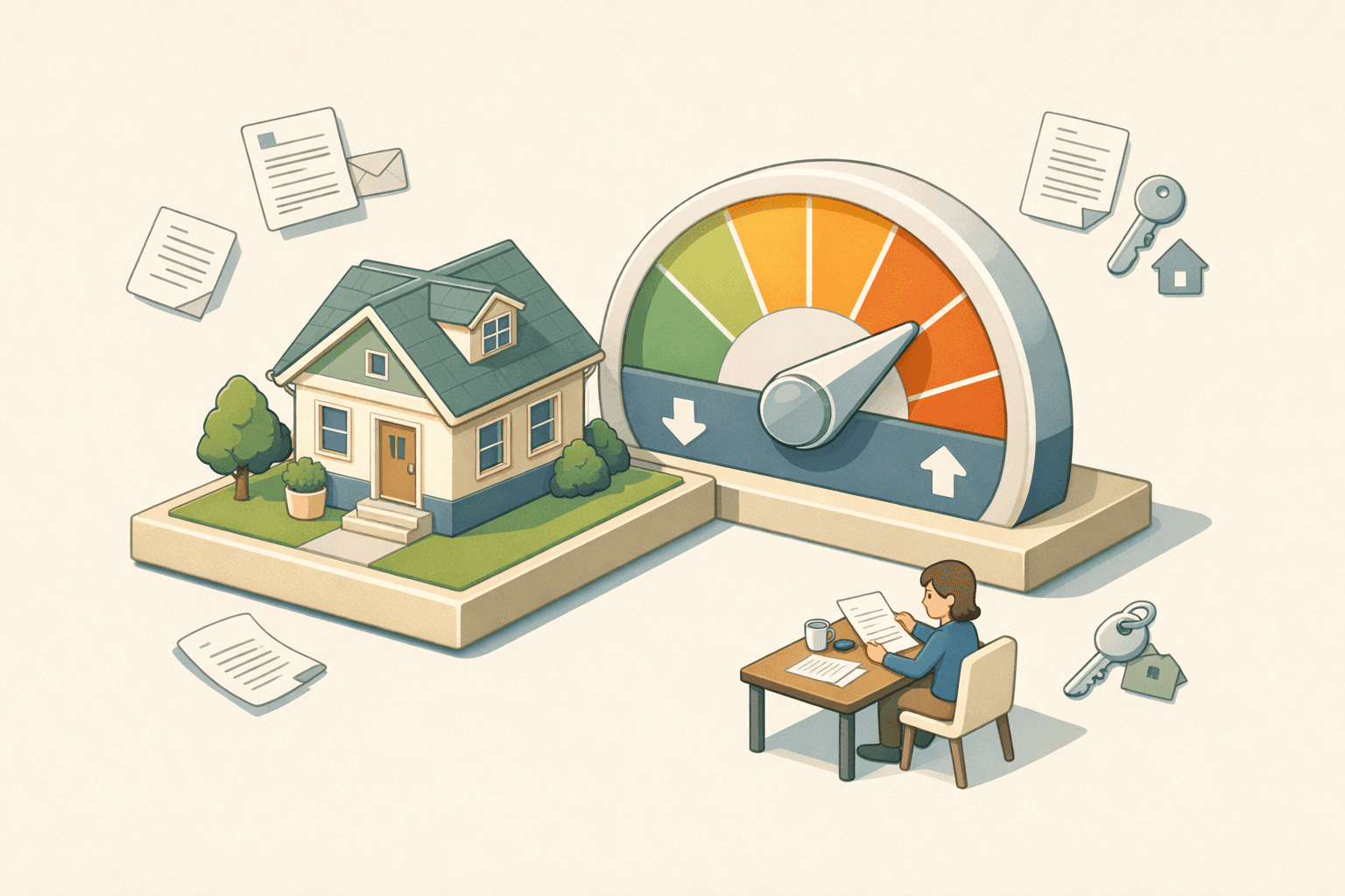 Isometric scene of a house with an adjustable gauge beside it and a person reviewing mortgage documents at a nearby desk