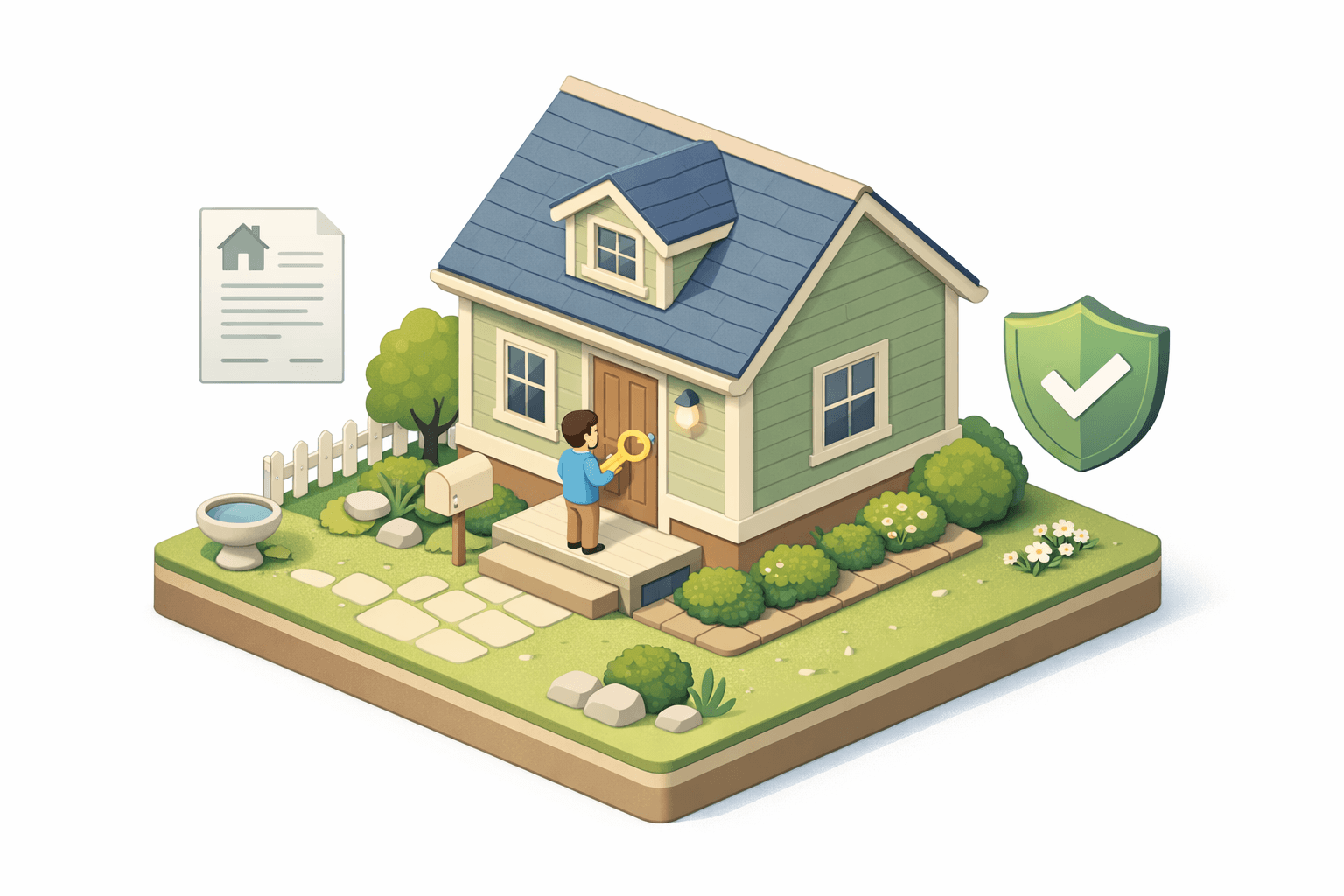A small suburban house with a person holding a key, representing FHA loan homeownership and government-backed mortgage financing.