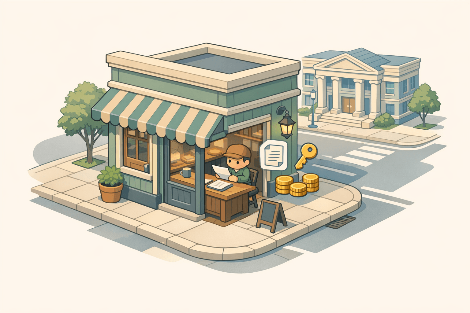 Small business owner reviewing loan documents inside a storefront with a community bank building visible in the background