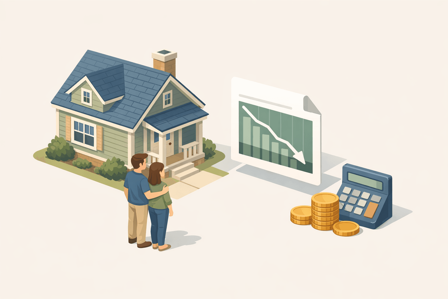 A homeowner couple reviewing mortgage documents in front of their house with a calculator and coins nearby