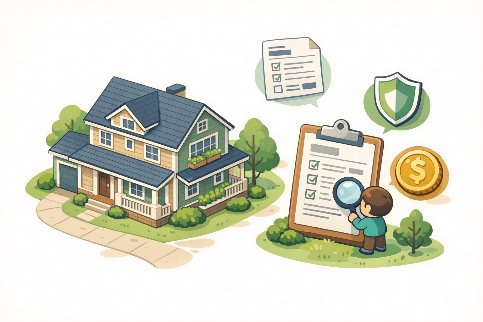 A suburban home with document and insurance icons representing the four components of a monthly mortgage payment