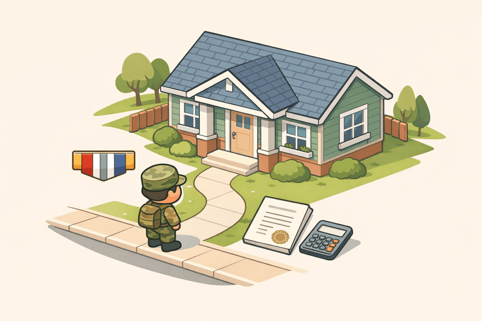 A veteran homebuyer stands in front of a house with a document and calculator nearby representing VA loan closing costs