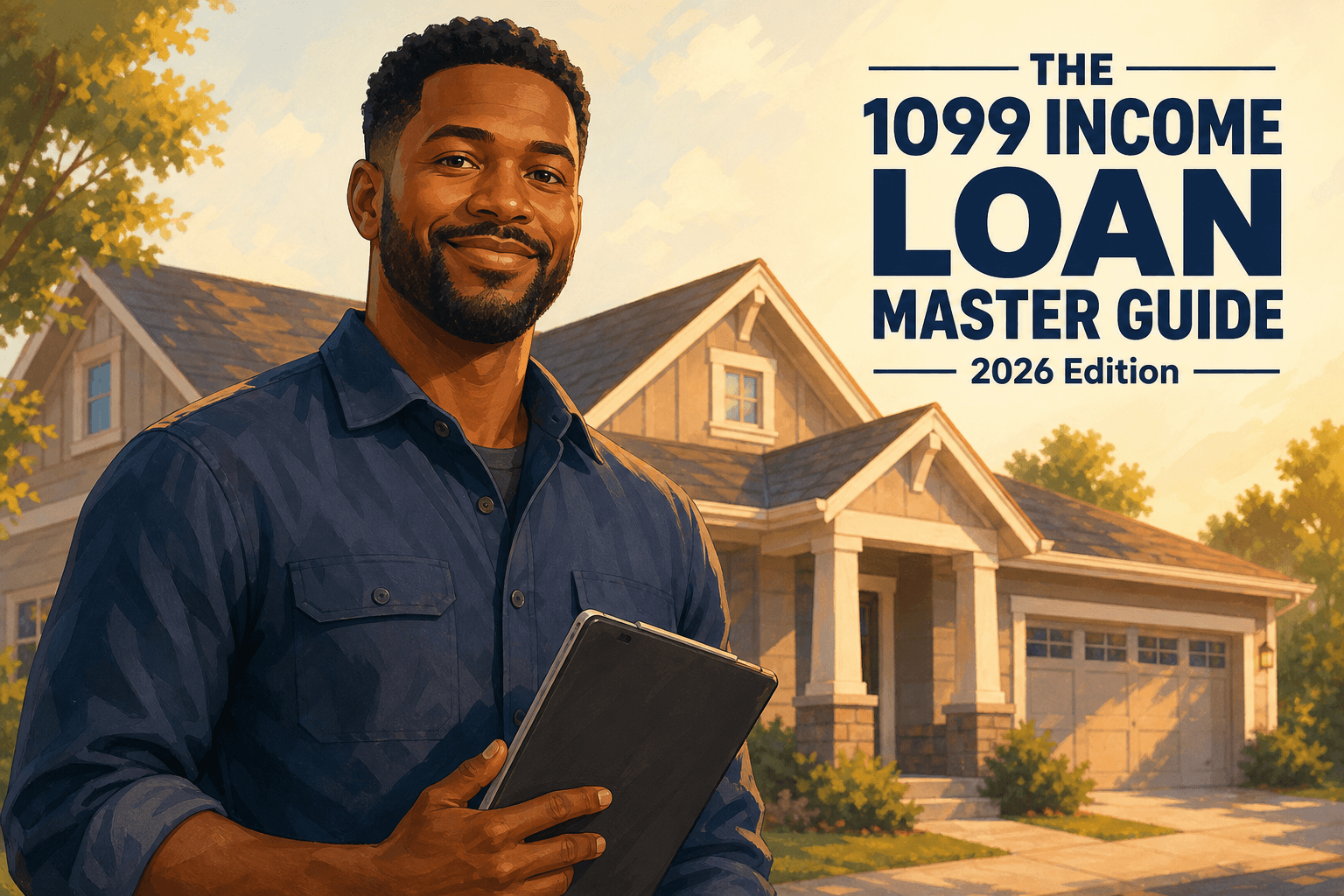 1099 income loan master guide illustration: a self-employed gig worker standing confidently in front of a home.