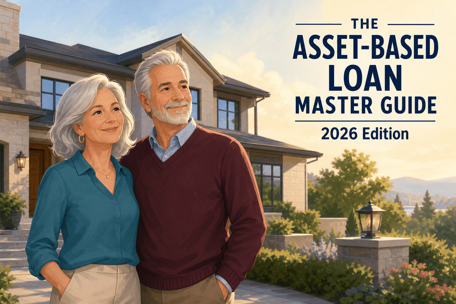 Asset-based loan master guide illustration: a relaxed affluent retired couple standing in front of their upscale home.