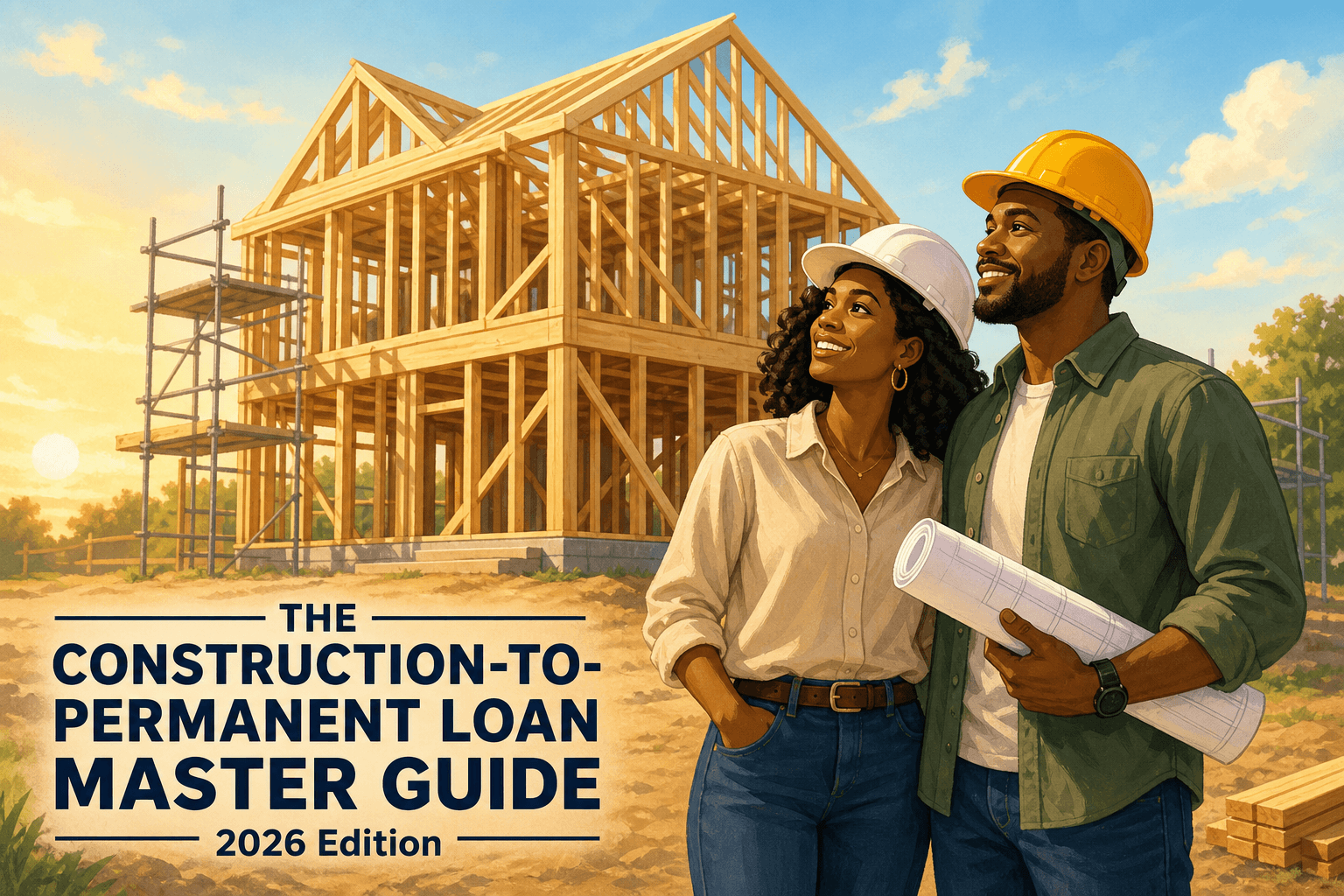 Construction-to-permanent loan master guide illustration: a couple in hard hats with blueprints at their new home under construction.
