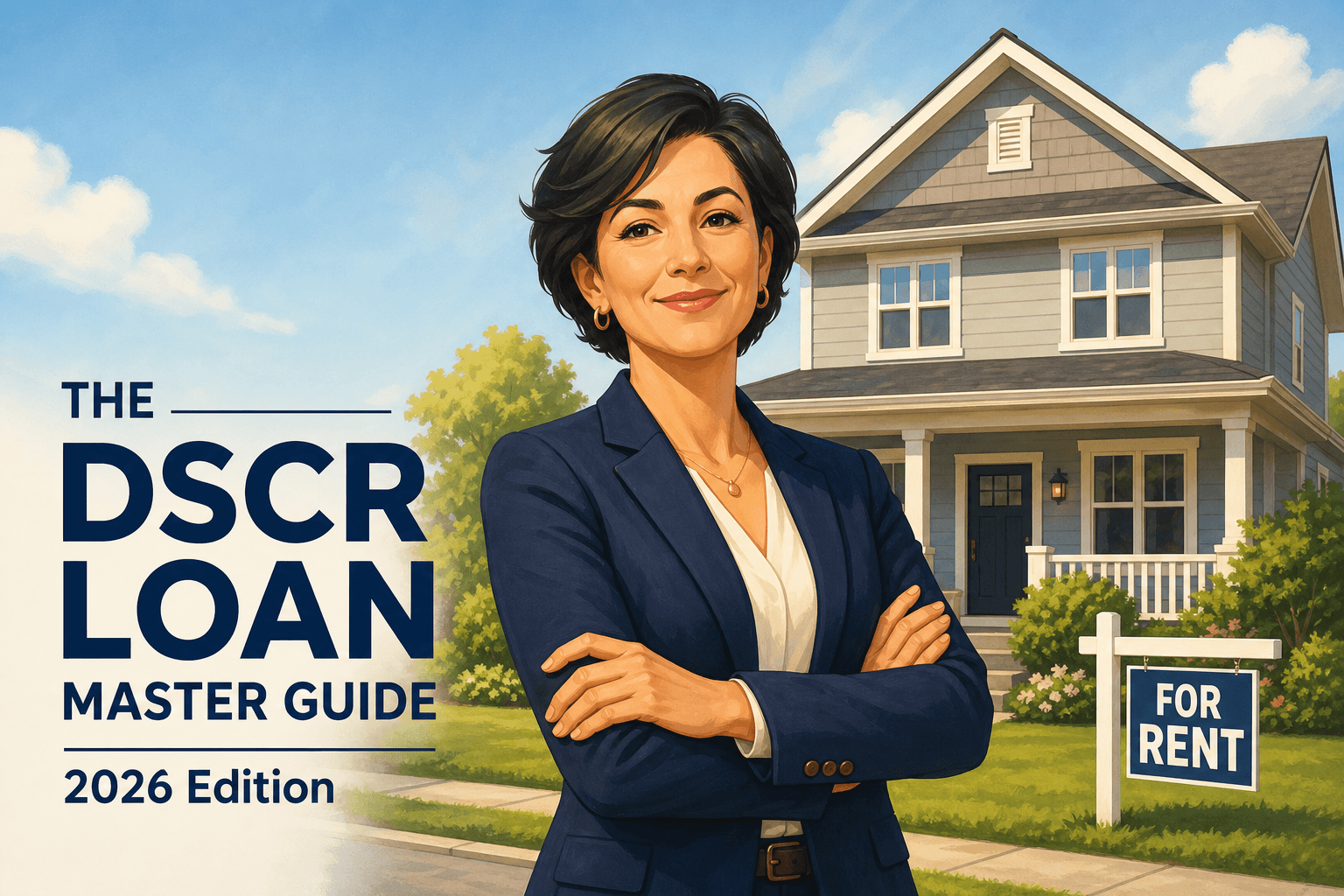 DSCR loan master guide illustration: a confident real estate investor standing in front of a rental property with a For Rent sign.