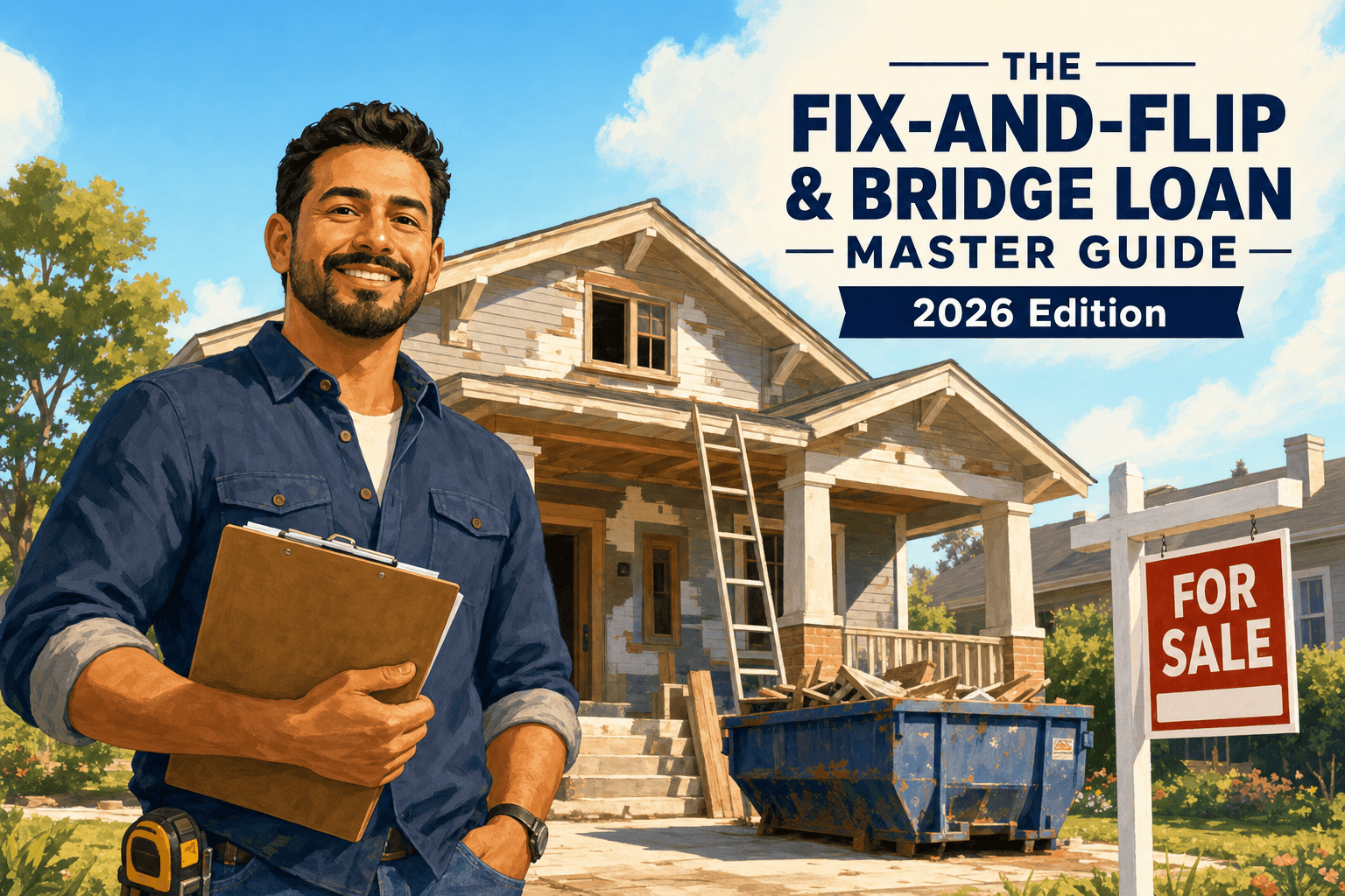 Fix-and-flip and bridge loan master guide illustration: a real-estate investor with a clipboard in front of a house being renovated to resell, with a for-sale sign.