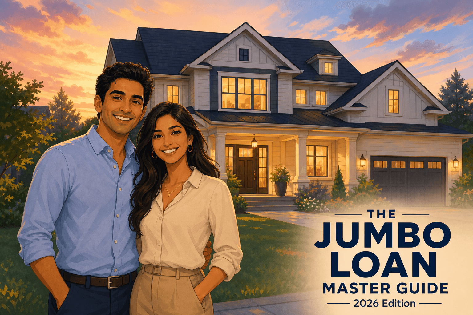 Jumbo loan master guide illustration: a couple standing in front of a large high-value home.