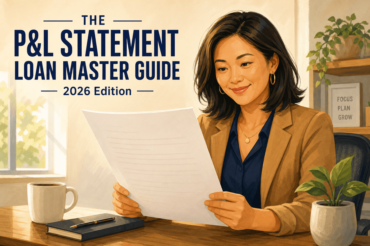P&L statement loan master guide illustration: a self-employed business owner reviewing financial documents in front of their home.