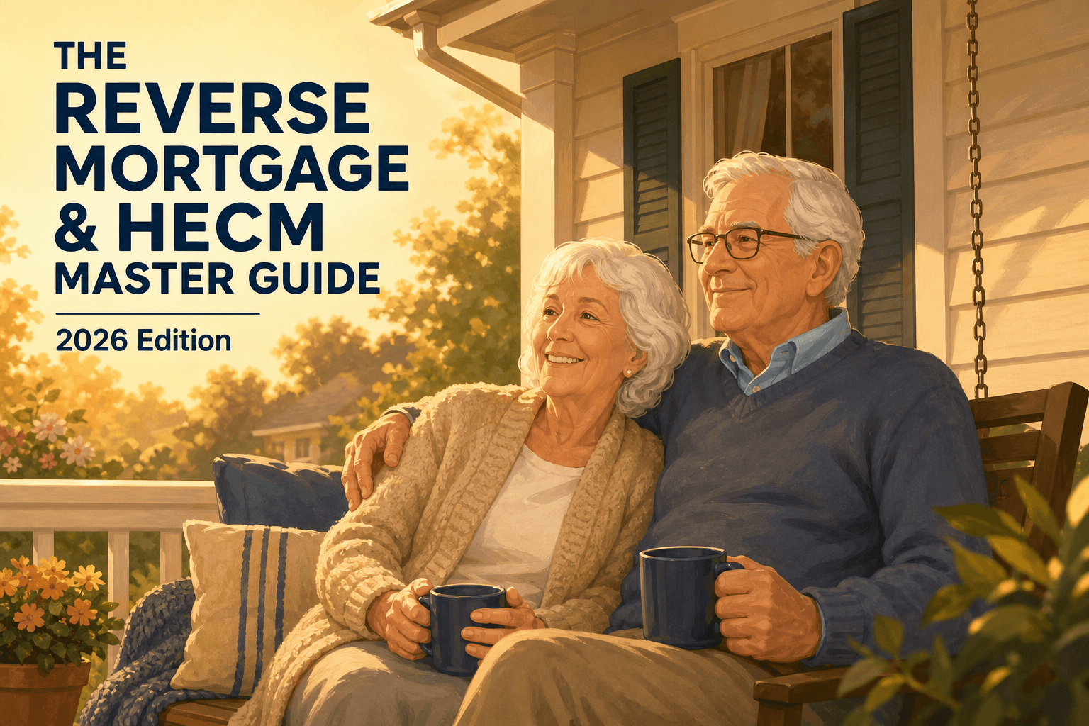 Reverse mortgage and HECM master guide illustration: an older couple relaxing contentedly on the porch of the home they are aging in place in.