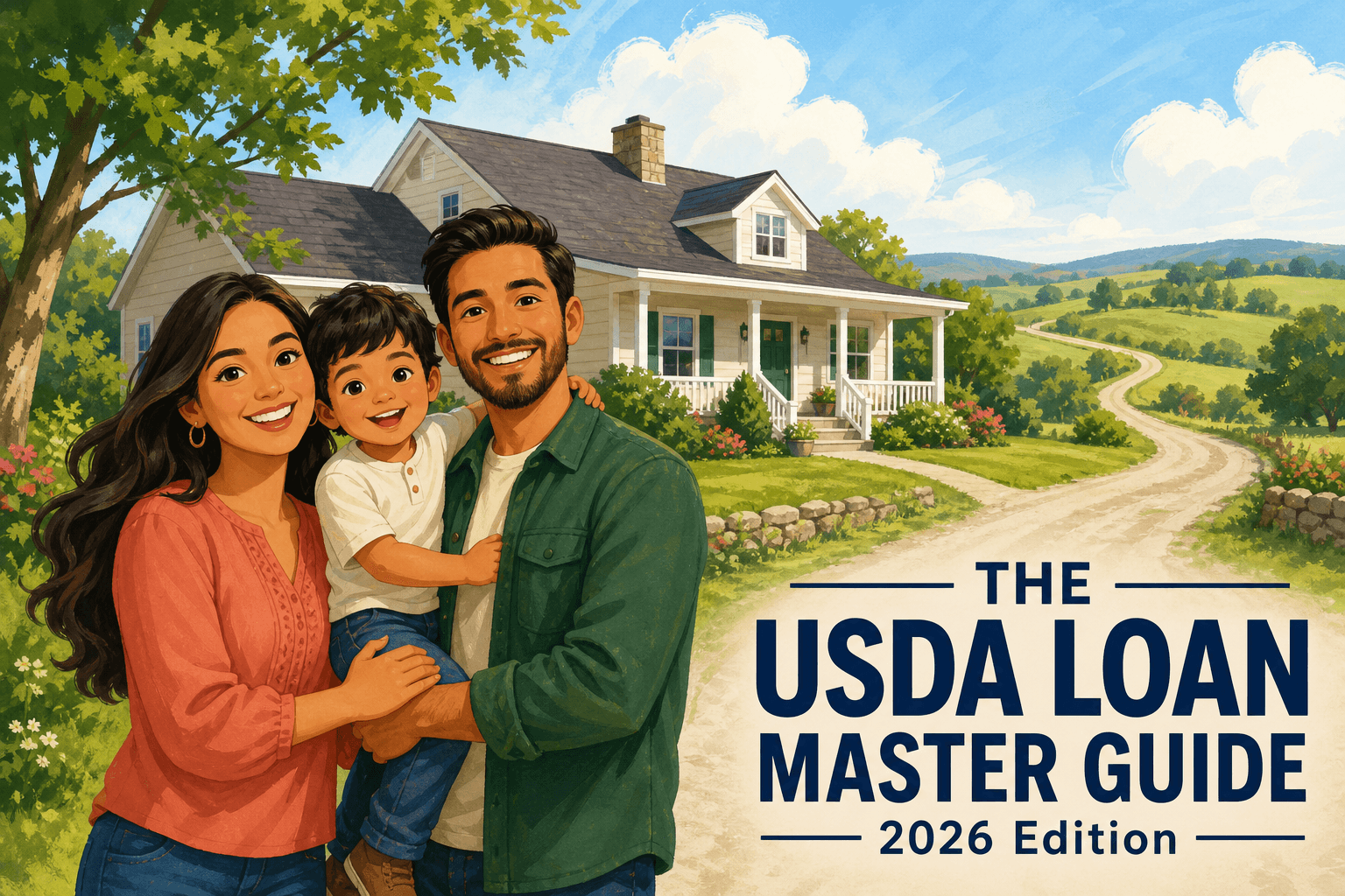 USDA loan master guide illustration: a happy young family standing in front of their country home with rolling rural fields behind them.