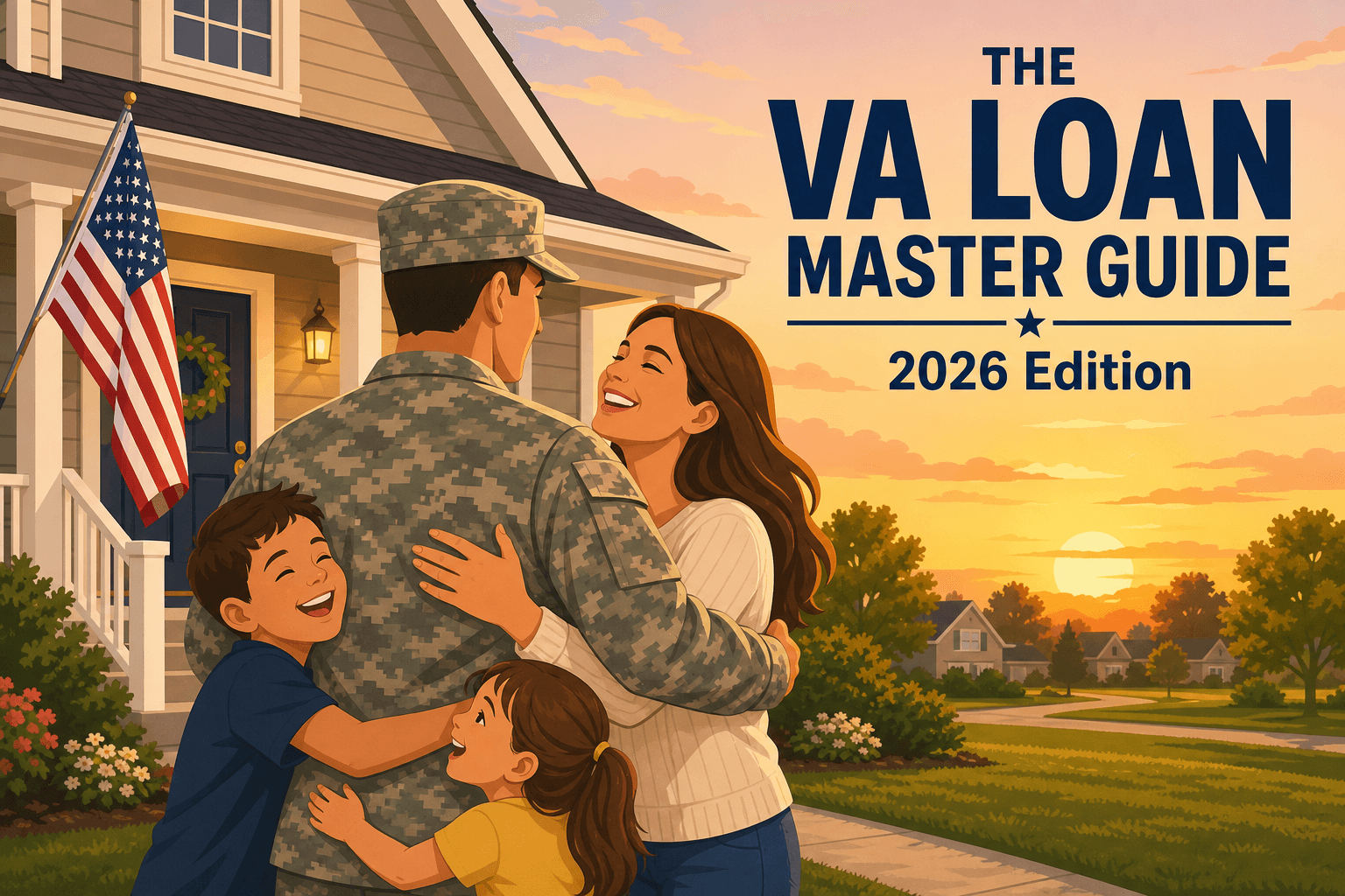 VA loan master guide illustration: a military veteran in uniform welcomed home by family beside an American flag.