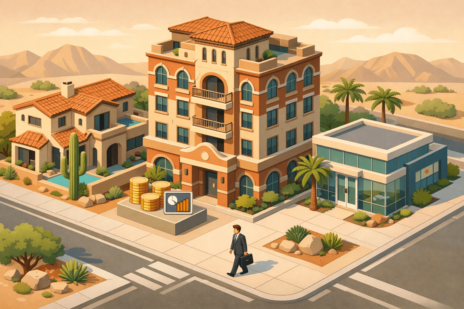 Isometric scene of an Arizona mortgage office and residential property with desert architecture and a small figure carrying financial documents.