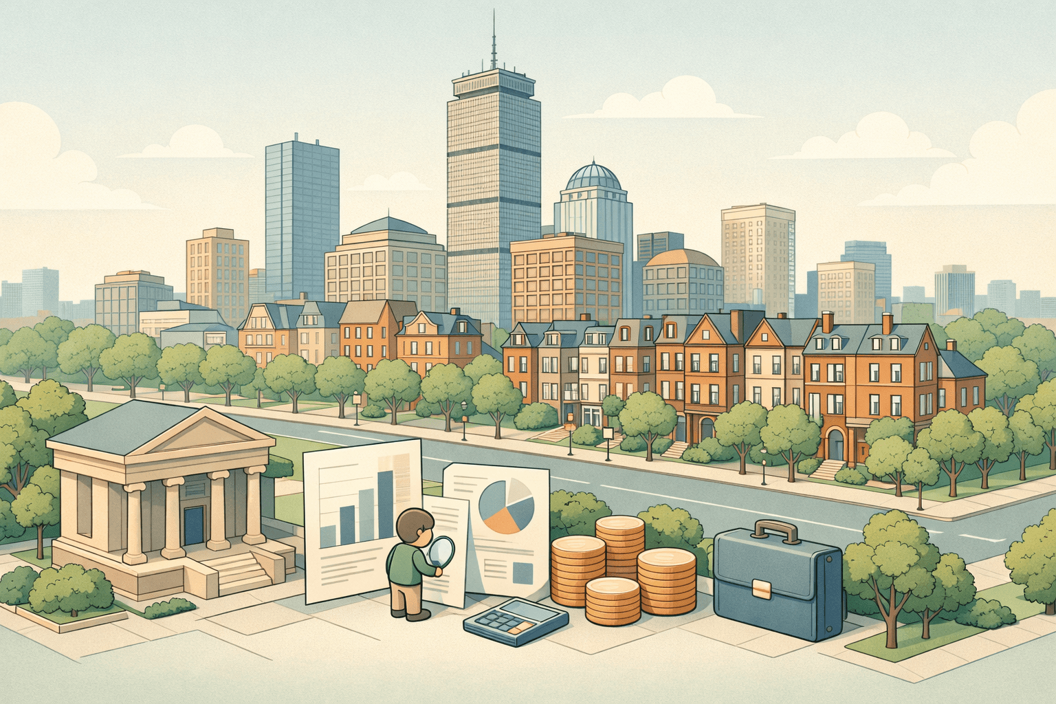 Isometric Boston skyline with brownstones, a bank building, and a small figure reviewing financial documents beside stacked coins and a briefcase.