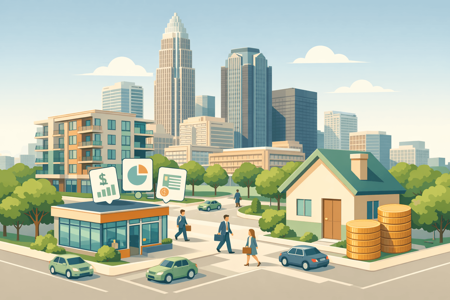 Isometric illustration of Charlotte skyline with a mortgage office, residential buildings, and small figures representing asset-based home financing.