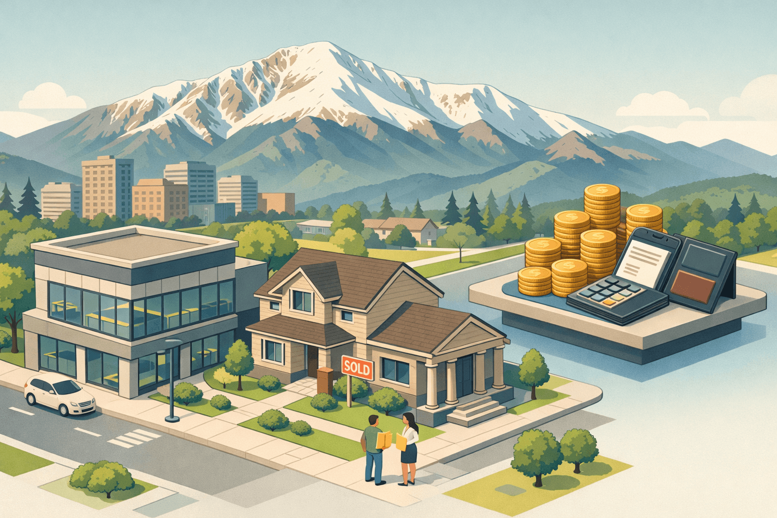Isometric view of a Colorado Springs mortgage lending office near a mountain backdrop with residential homes and tiny figures carrying financial documents.