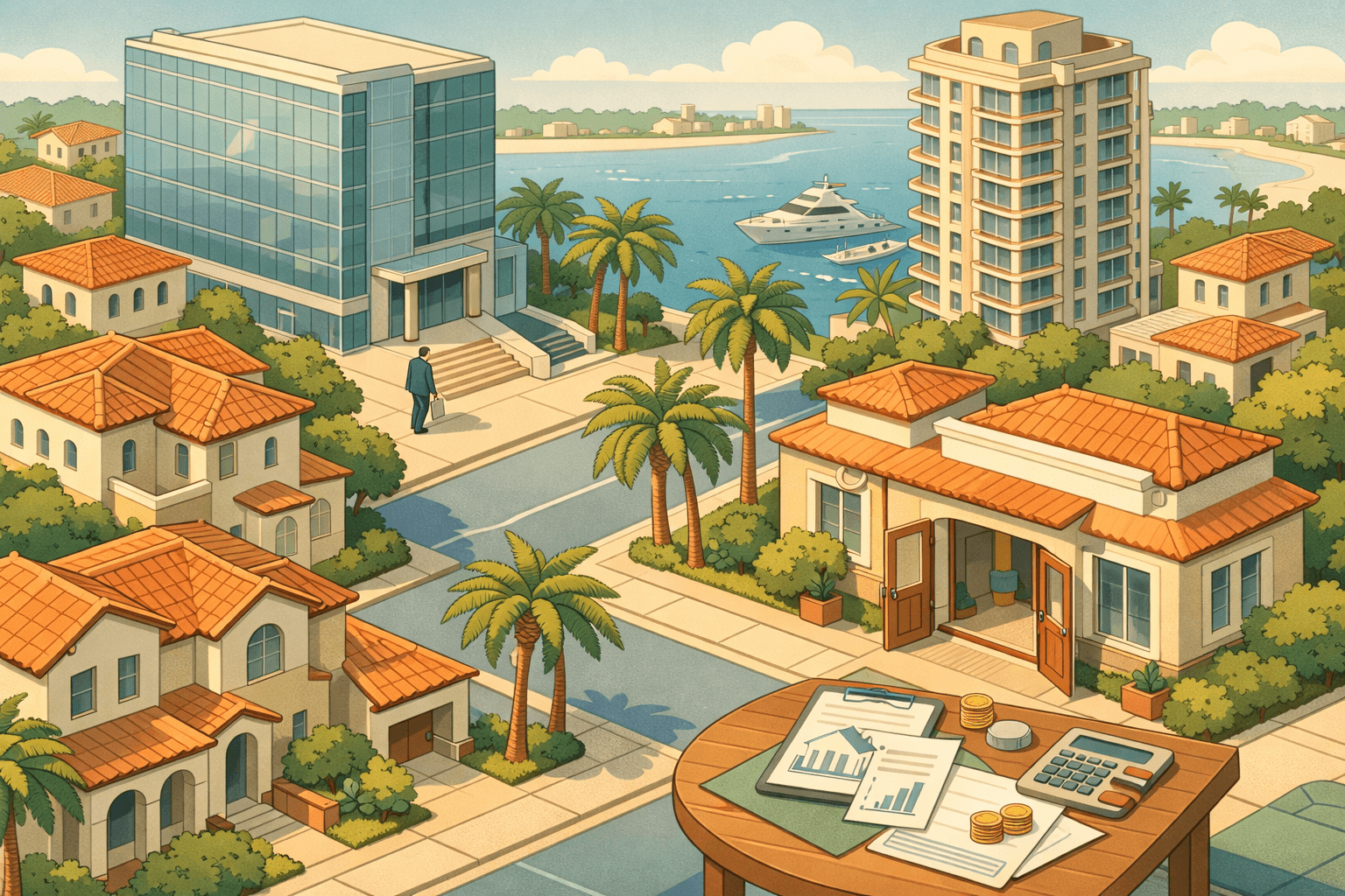 Isometric Florida coastal city scene with a bank building, luxury condos, palm trees, and a small figure walking toward a mortgage office.