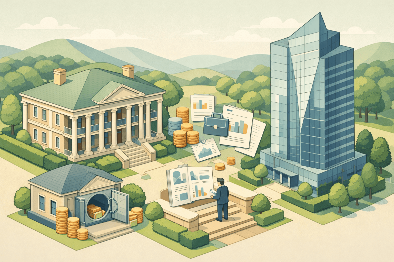 Isometric scene of a Georgia mansion and Atlanta office tower with a small figure reviewing asset documents beside a bank building with open vault doors.