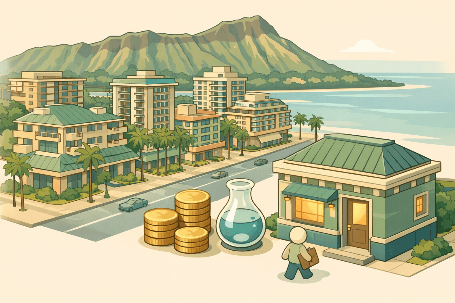 Isometric illustration of a Honolulu streetscape with Diamond Head in the background and a mortgage office building in the foreground.