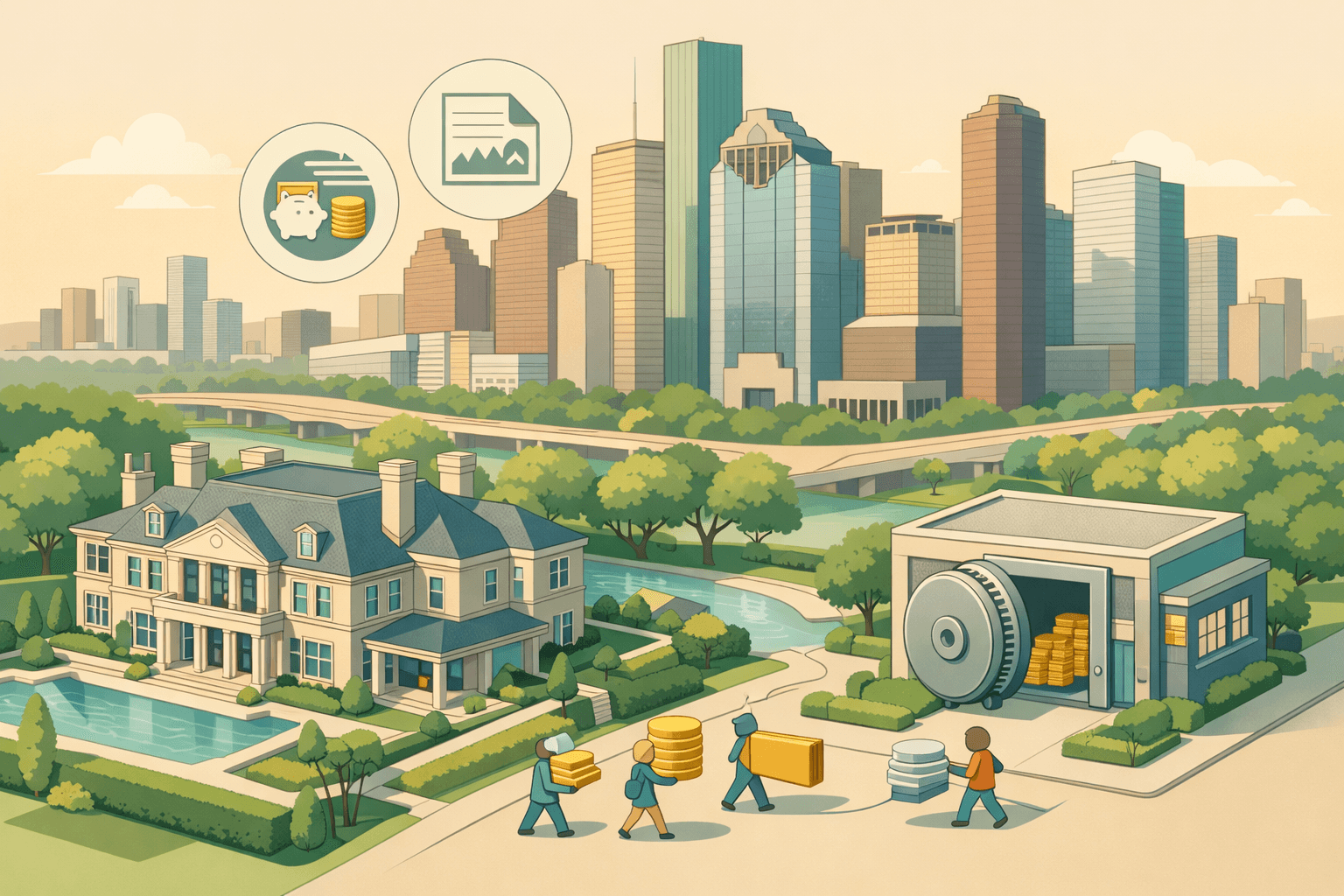 Isometric illustration of the Houston skyline with a luxury home, a mortgage office, and small figures representing asset-based borrowers qualifying for home loans.