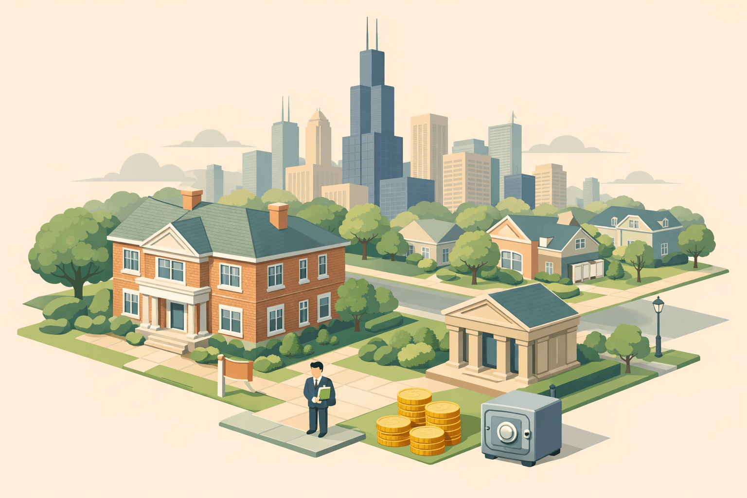 Isometric scene of a brick home near a Chicago skyline with a small bank, a financial advisor figure, and retirement asset symbols on a quiet street.