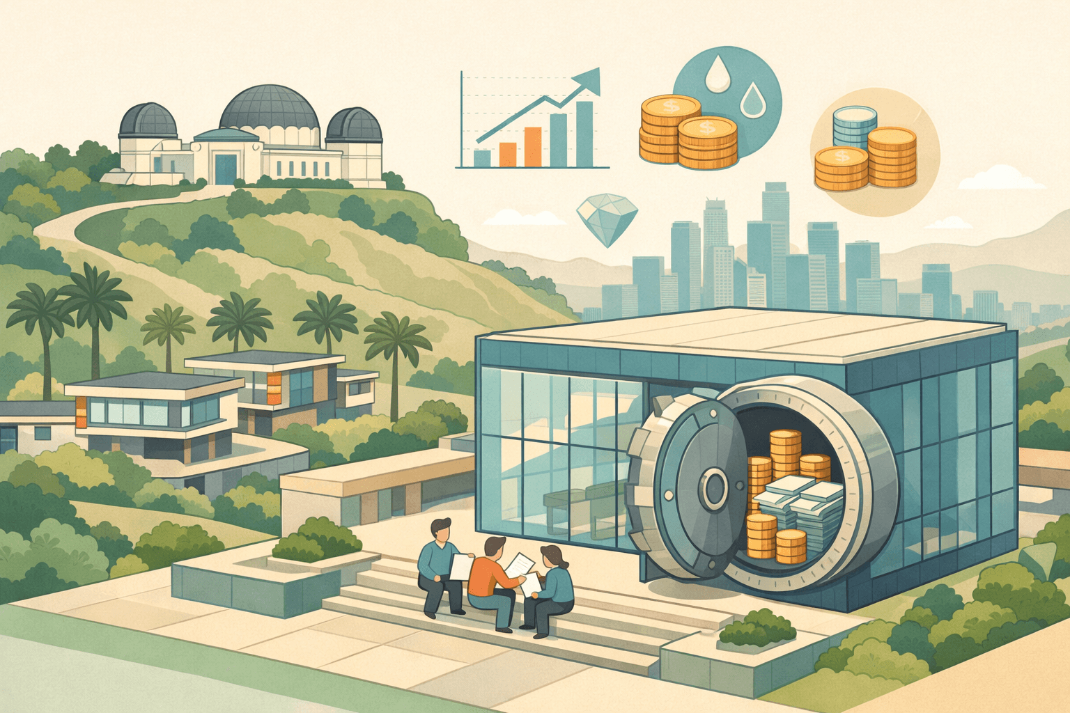 Isometric scene of Los Angeles landmarks with a modern bank building, asset documents, and small figures representing mortgage borrowers with liquid wealth.