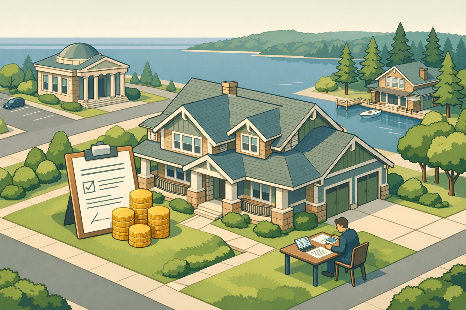 Isometric scene of a lakefront Michigan home with a small bank building nearby and a tiny figure reviewing financial documents outdoors.