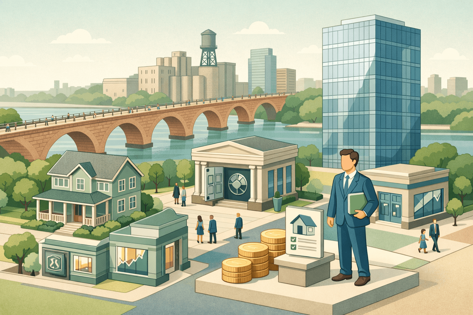 Isometric illustration of a Minneapolis neighborhood with a bridge, office tower, home, bank, and small figures near stacked coins and mortgage documents.