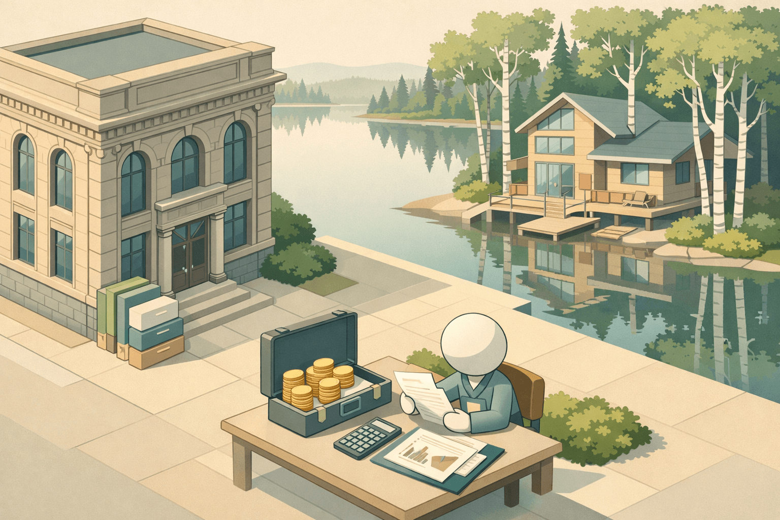 Isometric Minnesota cityscape with a bank building, lakeside home, birch trees, and a small figure reviewing asset documents at an outdoor desk.