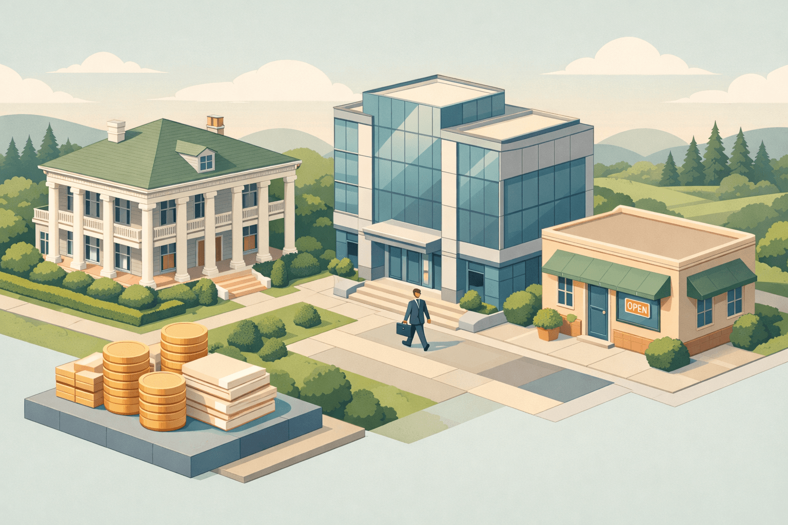 Isometric scene of a Mississippi columned home and bank building with a small figure carrying documents and stacks of coins representing asset-based mortgage lending.