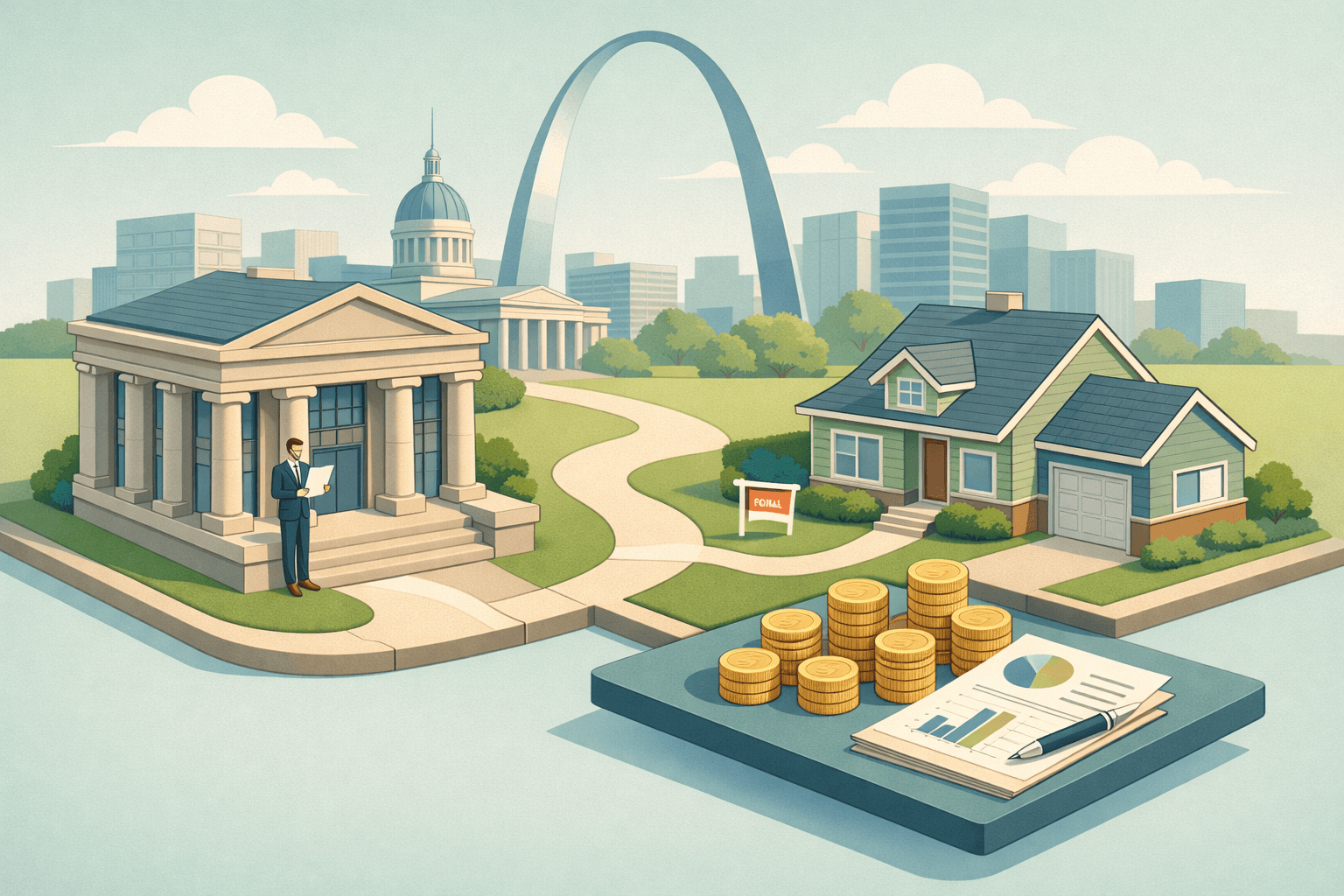 Isometric scene of a Missouri city with a bank building, a residential home, and financial documents representing asset-based mortgage qualification.
