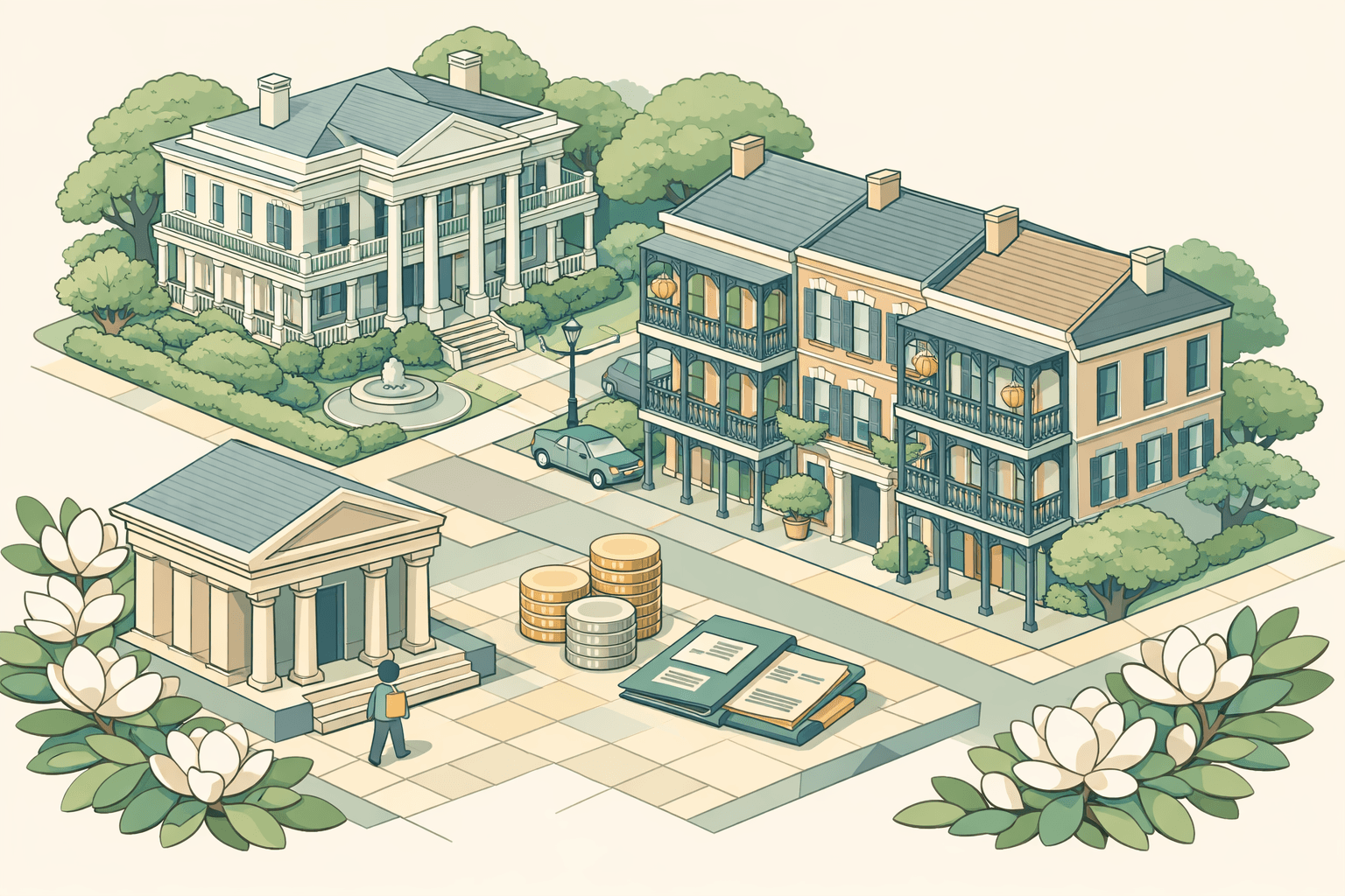 Isometric illustration of a New Orleans street with historic homes, a classical bank building, and a small figure approaching with financial documents.