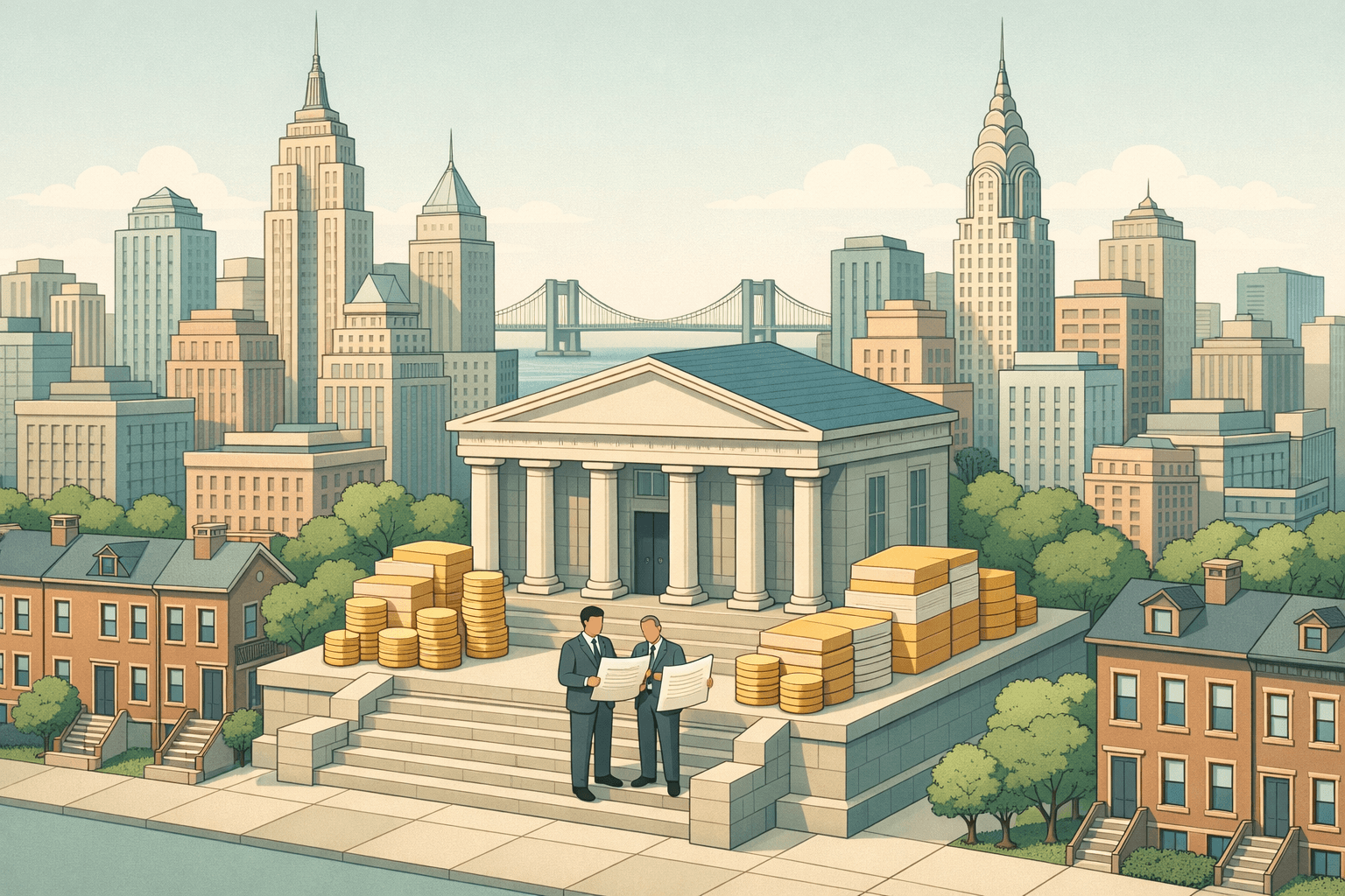 Isometric New York City skyline with a central bank building, stacked coins, and small figures reviewing financial documents on the steps.