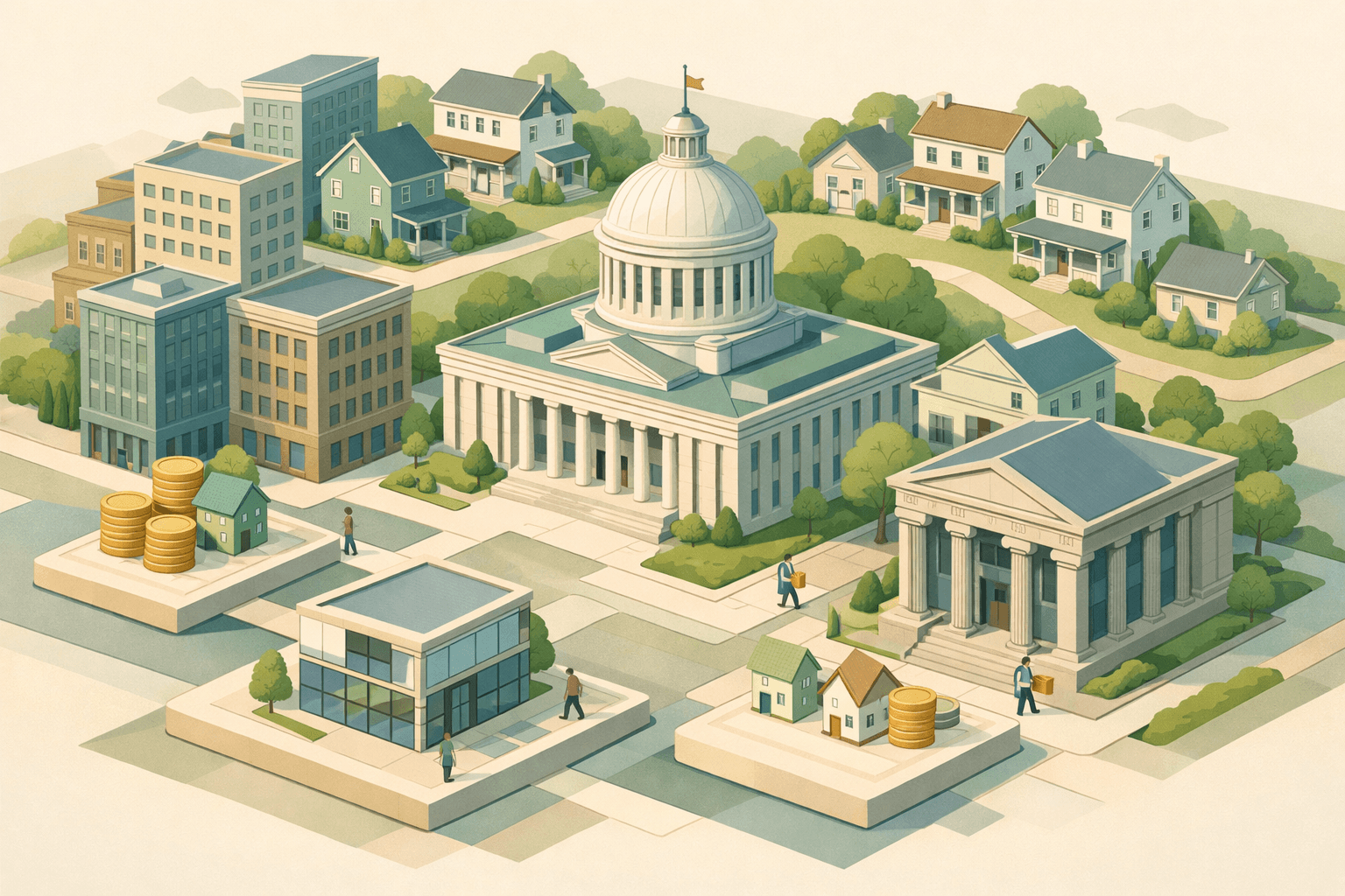 Isometric illustration of an Ohio cityscape with a capitol dome, residential homes, a mortgage office, and a bank building with small figures nearby.
