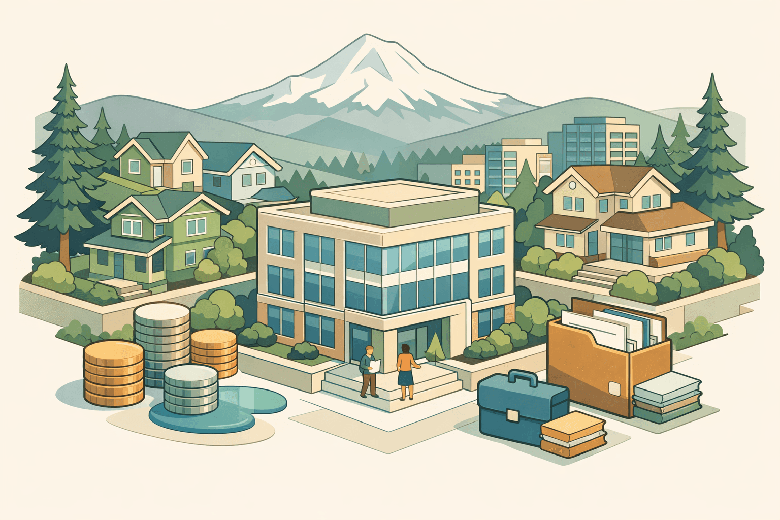 Isometric scene of a Portland-style mortgage office surrounded by Oregon homes, trees, and small figures representing asset-based home loan borrowers.