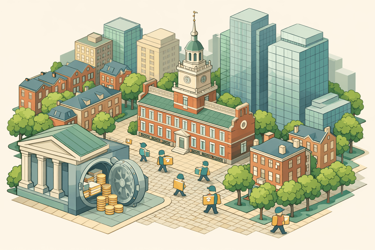 Isometric Philadelphia cityscape with historic and modern buildings, a small bank vault, and tiny figures carrying mortgage documents along tree-lined streets.