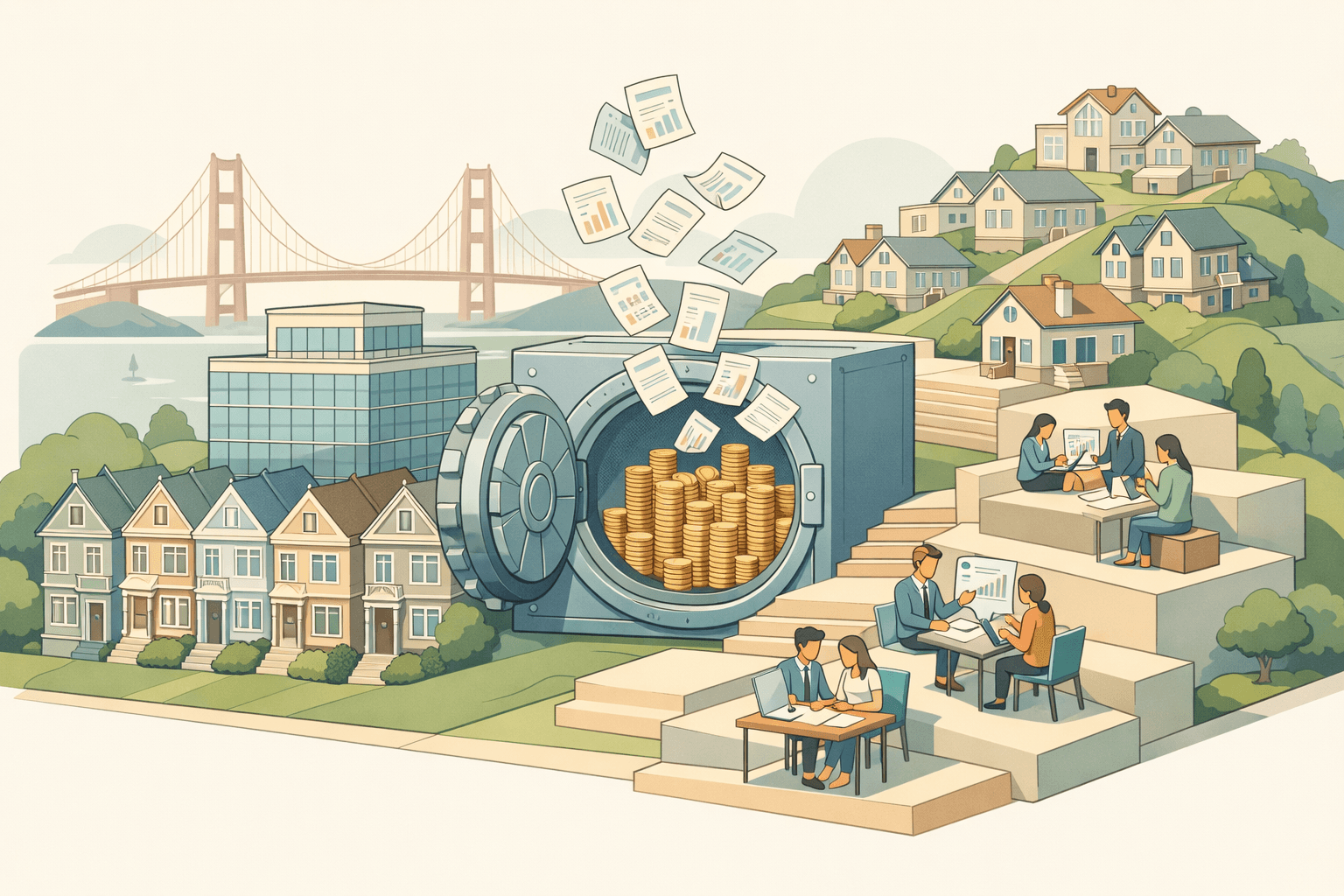 Isometric San Francisco cityscape with Victorian homes, a mortgage office, an open vault with financial documents, and the Golden Gate Bridge in the background.