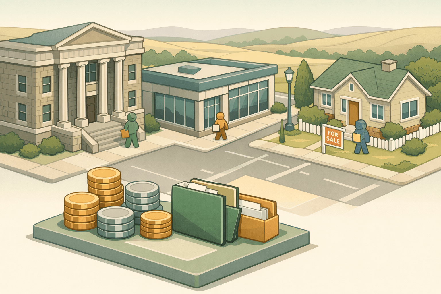 Isometric illustration of a South Dakota bank and mortgage office on a city street with plains in the background and small figures carrying financial documents.