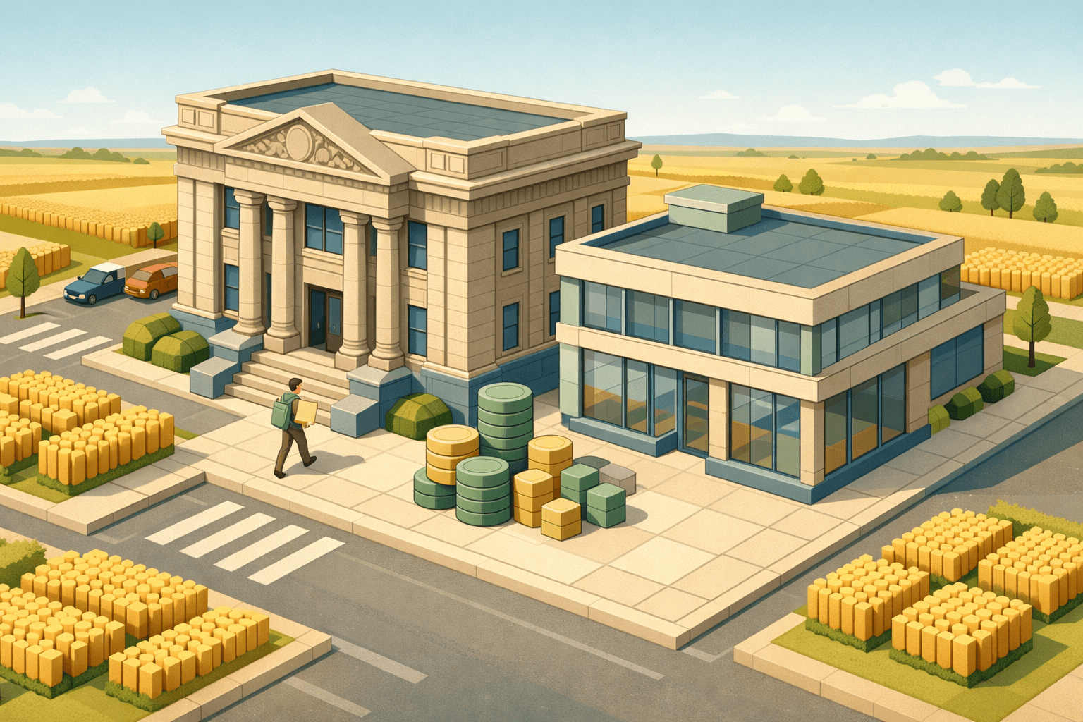Isometric view of a Great Plains bank and mortgage office with prairie fields in the background and a small figure approaching the entrance.