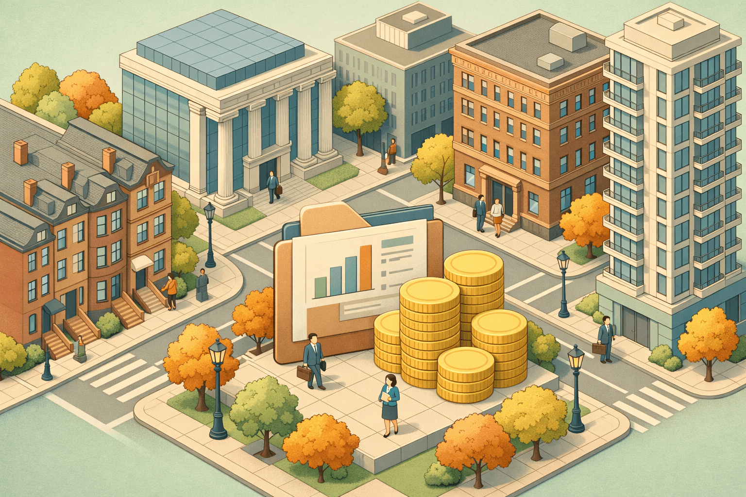 Isometric Northeast city scene with brownstones, a bank building, and small figures near a plaza with oversized coins and portfolio documents.