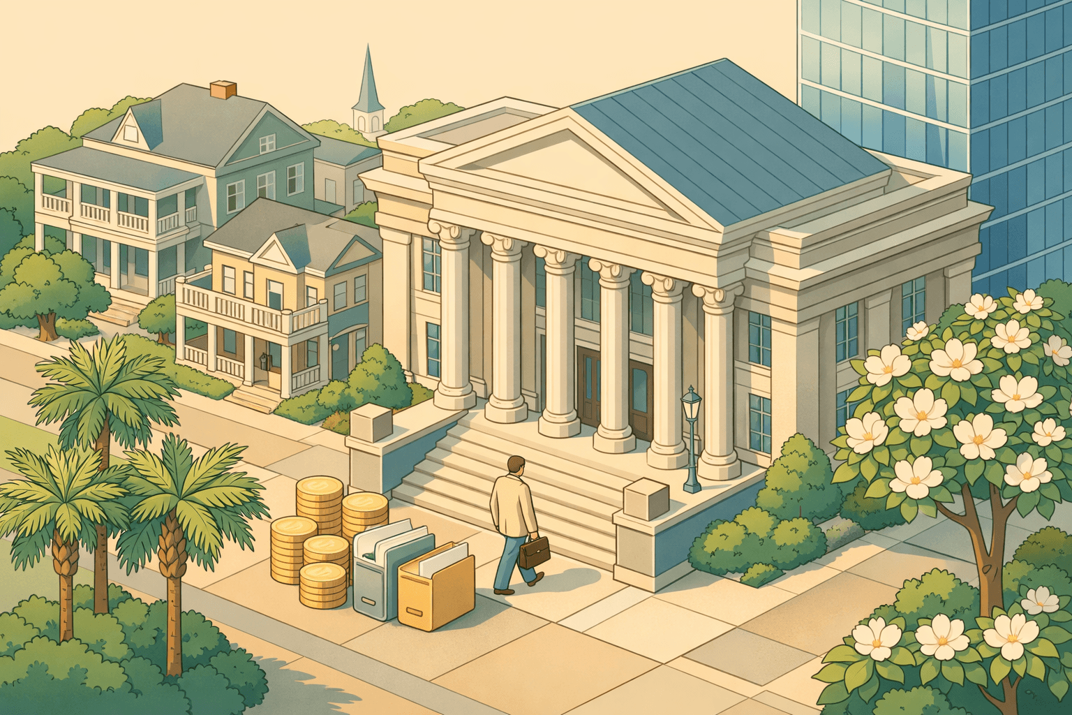 Isometric scene of a Southern city with a columned bank, residential homes, and a small figure carrying financial documents near palm and magnolia trees.