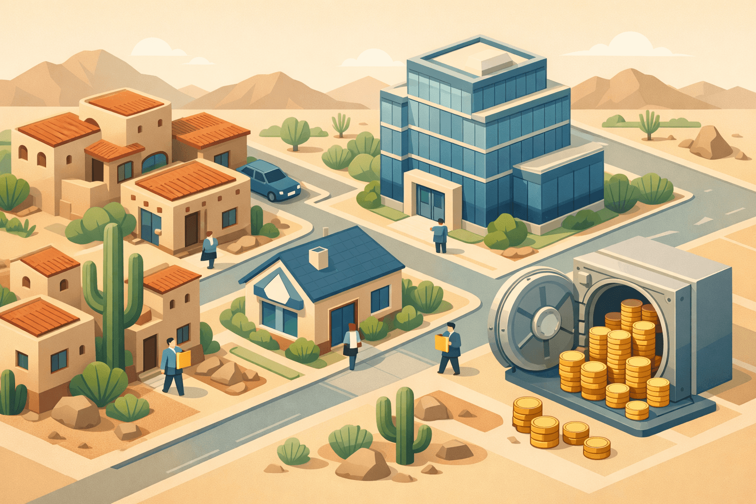 Isometric Southwest city scene with adobe homes, a bank building, and a mortgage office surrounded by desert landscape and stylized asset symbols.